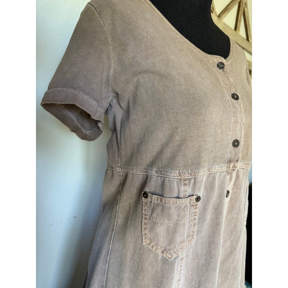 VTG 90s Cotton Canvas Button Up Maxi StonewshTaupe Empire 6Panel Flare Utility - Picture 2 of 8